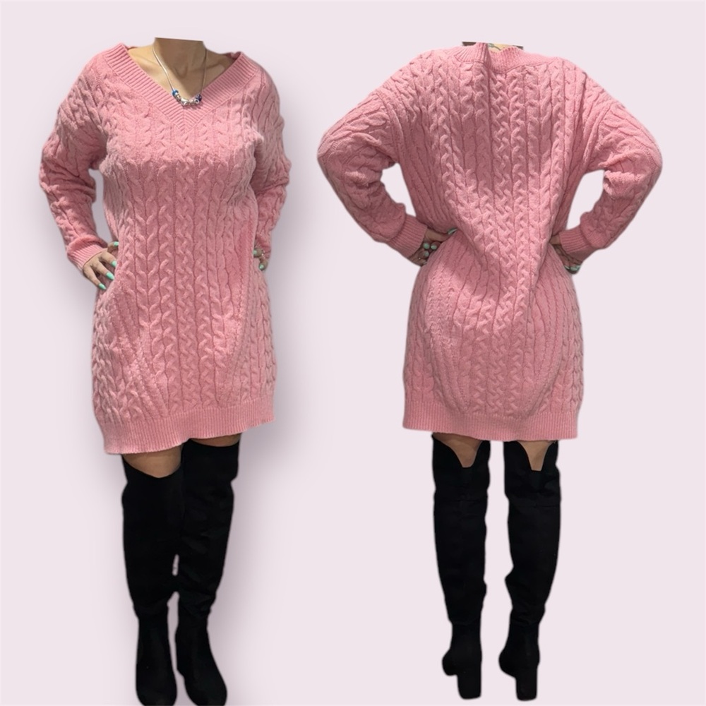 Pink Cable Knit Sweater Dress